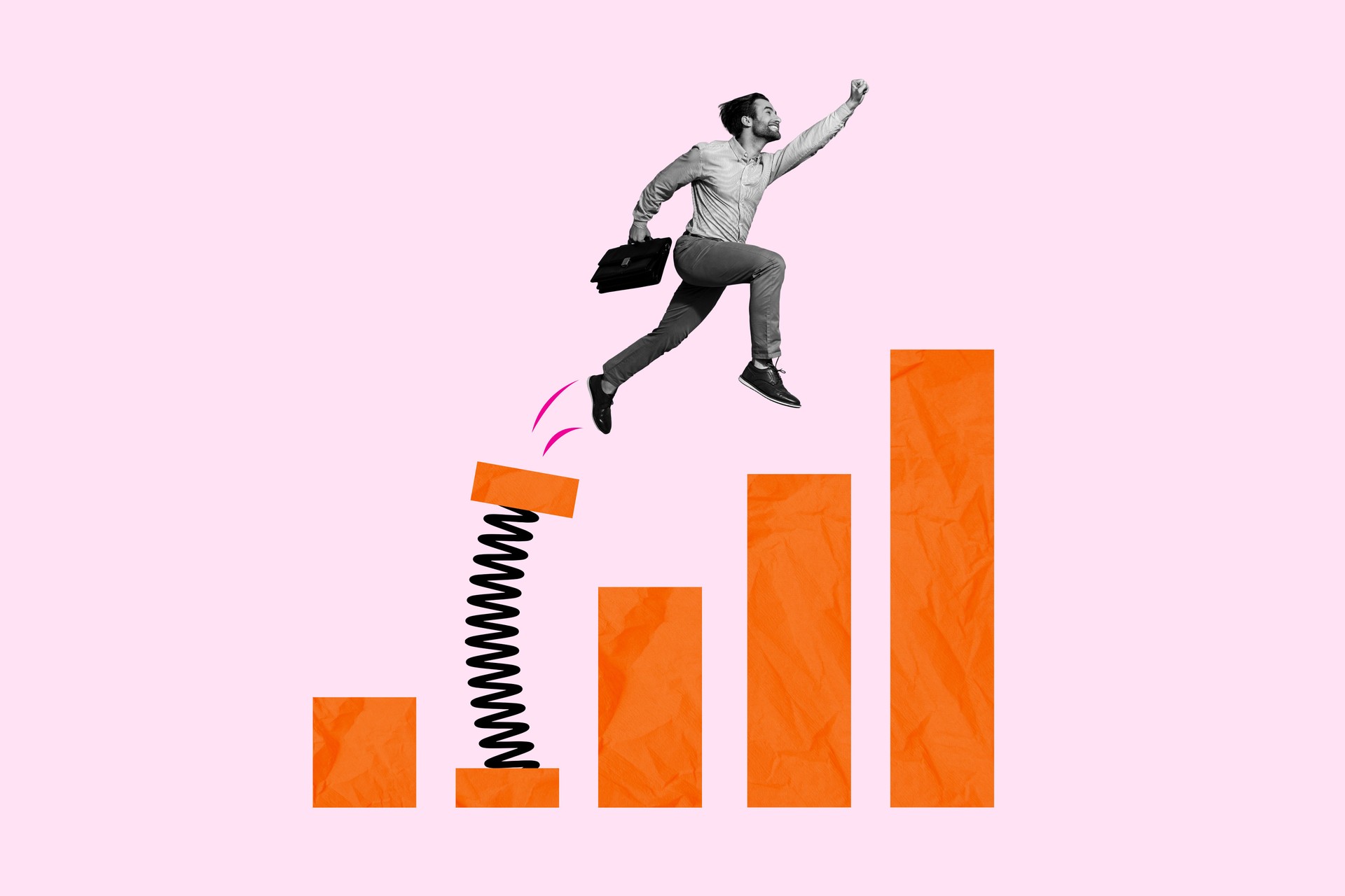 Creative picture image collage banner of guy worker jump from financial charts determined company success